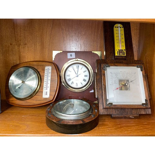 6 - OAK ANEROID BAROMETER, HORSE SHOE BAROMETER, BRASS PORT HOLE QUARTZ WALL CLOCK, AND ONE OTHER BAROME... 