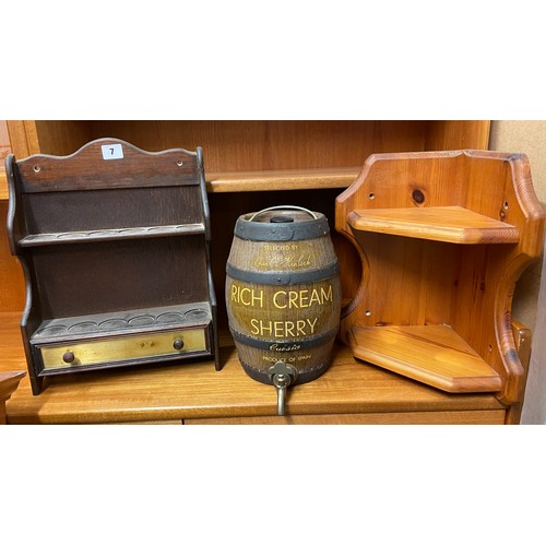 7 - VINTAGE ROYAL CREAM SHERRY BARREL WITH SPIGOT, PINE CORNER SHELF AND OAK WALL MOUNTED SPICE JAR RACK