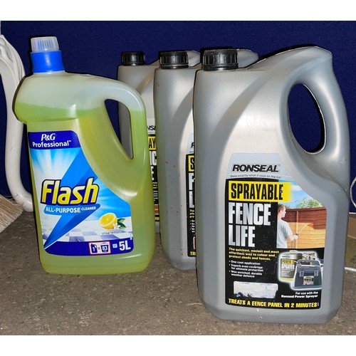 220 - THREE TUBS OF RONSEAL SPRAYABLE FENCE LIFE & SPRAYER AND TUB OF FLASH ALL PURPOSE CLEANER