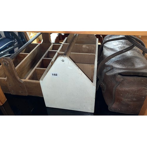 192 - TWO COMPARTMENTED WOODEN CARRIALS AND LEATHER SWGB PLUMBERS TOOL BAG