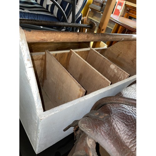 192 - TWO COMPARTMENTED WOODEN CARRIALS AND LEATHER SWGB PLUMBERS TOOL BAG