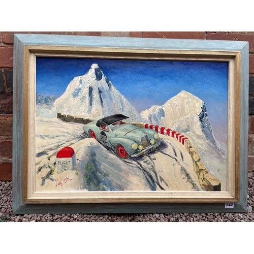 642 - J NORBURY OILS ON BOARD SPORTS CAR ON A SNOWY FRENCH MOUNTAIN ROAD SIGNED AND DATED 1981