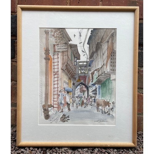 633 - DAVID GENTLEMAN ENTITLED 'STREET SCENE OLD DELHI' WATER COLOURS FRAMED AND GLAZED