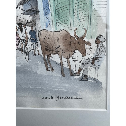 633 - DAVID GENTLEMAN ENTITLED 'STREET SCENE OLD DELHI' WATER COLOURS FRAMED AND GLAZED