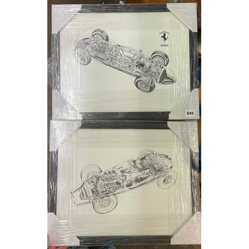 645 - PAIR OF LITHOGRAPHIC PRINTS OF SKETCHES OF FERRARI MOTOR CARS FRAMED AND GLAZED