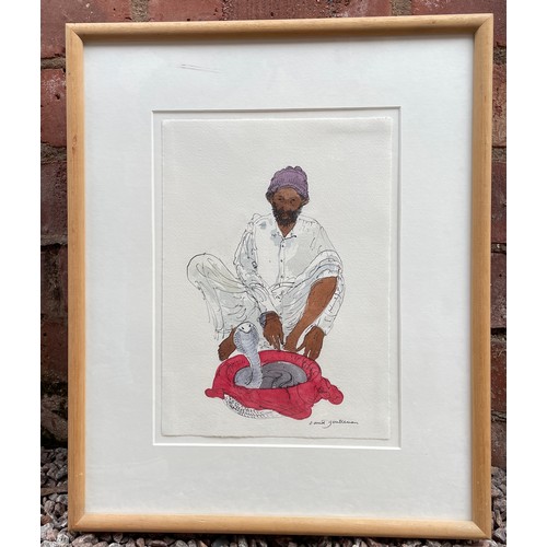 632 - DAVID GENTLEMAN ENTITLED 'SNAKE CHARMER, DEWAS' WATER COLOURS FRAMED AND GLAZED