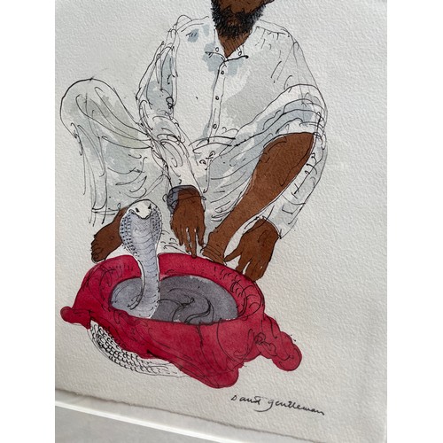 632 - DAVID GENTLEMAN ENTITLED 'SNAKE CHARMER, DEWAS' WATER COLOURS FRAMED AND GLAZED