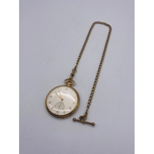 659 - PRESIDENT ANTI MAGNETIC SLIM PLATED CASE POCKET WATCH ON UNMARKED ALBERT CHAIN