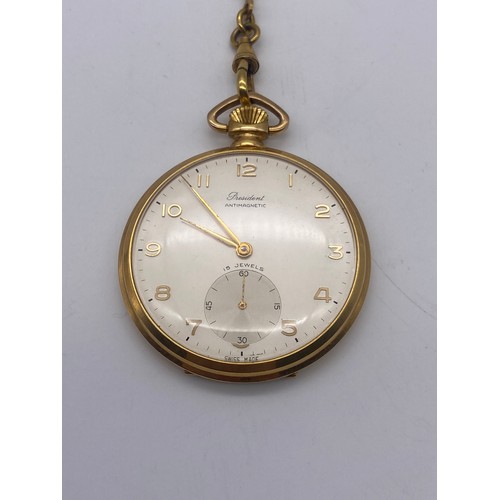 659 - PRESIDENT ANTI MAGNETIC SLIM PLATED CASE POCKET WATCH ON UNMARKED ALBERT CHAIN