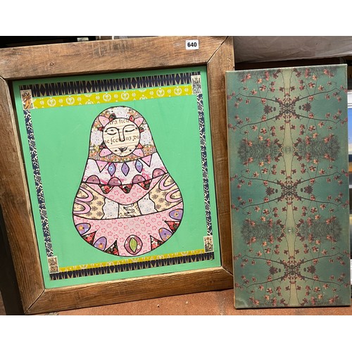 640 - MIXED MEDIA COLLAGE OF RUSSIAN NESTING DOLL AND PRINTED CANVAS ENTITLED MAGNOLIA MIRROR