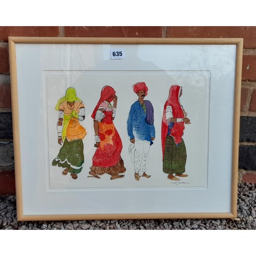 635 - DAVID GENTLEMAN ENTITLED 'THREE WOMEN AND ONE MAN, JAISALMER' WATER COLOURS FRAMED AND GLAZED