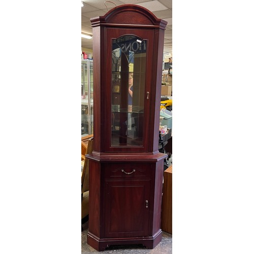 13 - MAHOGANY ARCHED TOP CORNER DISPLAY CABINET