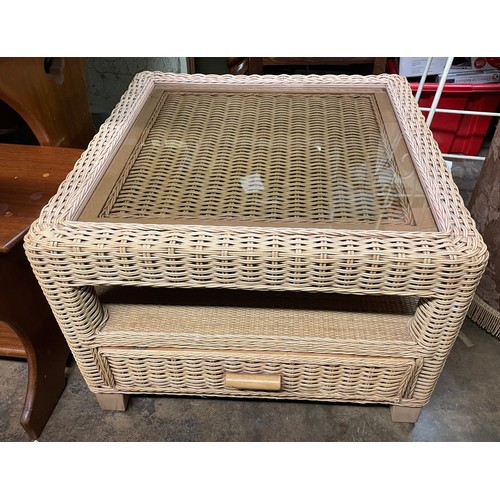 37 - RATTAN SQUARE SECTION GLASS TOP LAMP TABLE WITH DRAWER