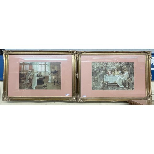 99 - PAIR OF VICTORIAN LITHOGRAPHIC STYLE GENRE SCENE PRINTS IN GILT SWEPT FRAMES