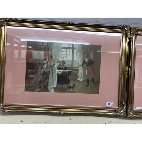 99 - PAIR OF VICTORIAN LITHOGRAPHIC STYLE GENRE SCENE PRINTS IN GILT SWEPT FRAMES