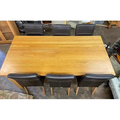 107 - CONTEMPORARY LIGHT OAK TABLE AND SIX BROWN HIGH BACK CHAIRS