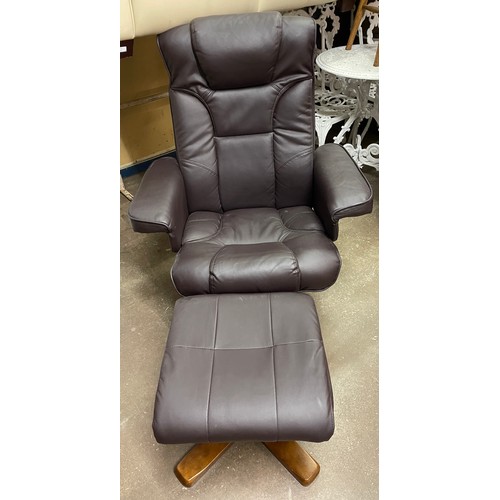 132 - BROWN LEATHER STRESSLESS TYPE SWIVEL CHAIR WITH FOOTSTOOL