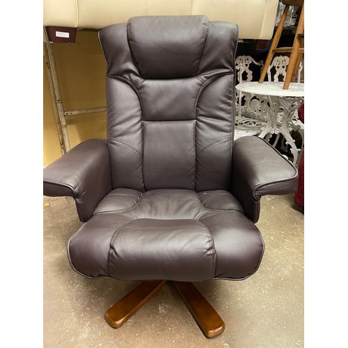 132 - BROWN LEATHER STRESSLESS TYPE SWIVEL CHAIR WITH FOOTSTOOL