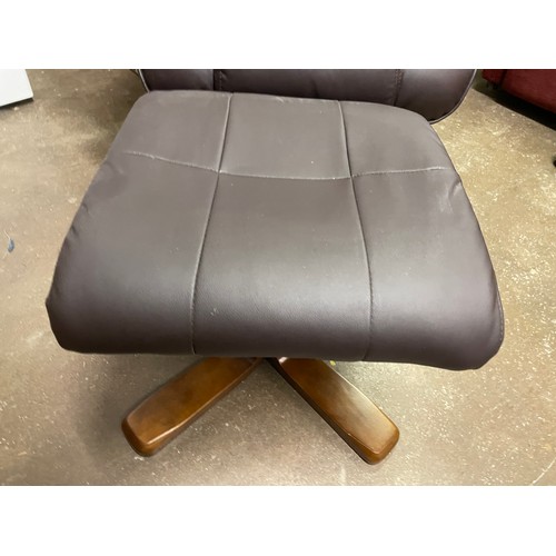 132 - BROWN LEATHER STRESSLESS TYPE SWIVEL CHAIR WITH FOOTSTOOL