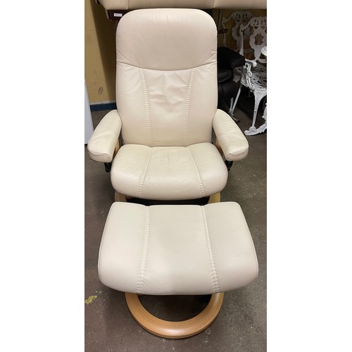 133 - CREAM LEATHER STRESSLESS STYLE CHAIR AND FOOTSTOOL