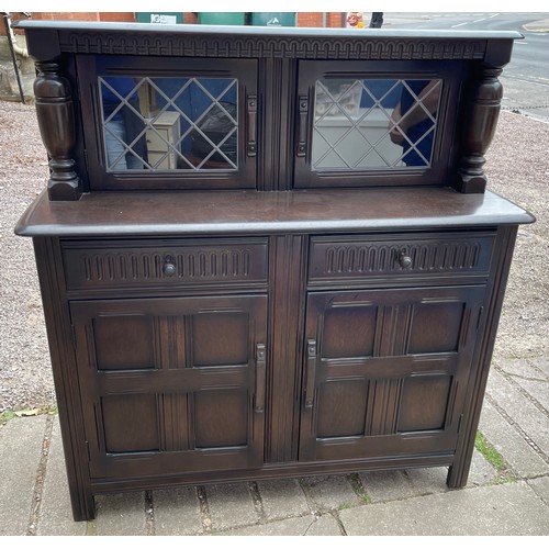 10 - PRIORY STYLE DARK OAK LEADED GLAZED COURT CUPBOARD CABINET