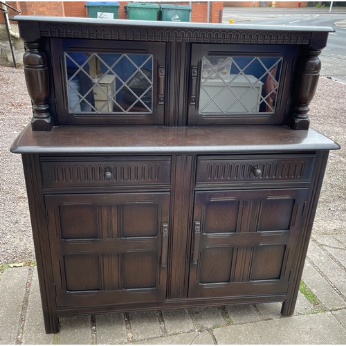 10 - PRIORY STYLE DARK OAK LEADED GLAZED COURT CUPBOARD CABINET