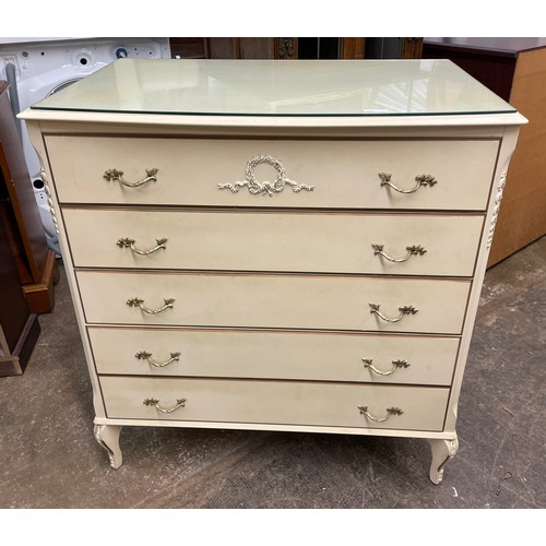 25 - CREAM AND GILDED FIVE DRAWER CHEST AND DRESSING STOOL