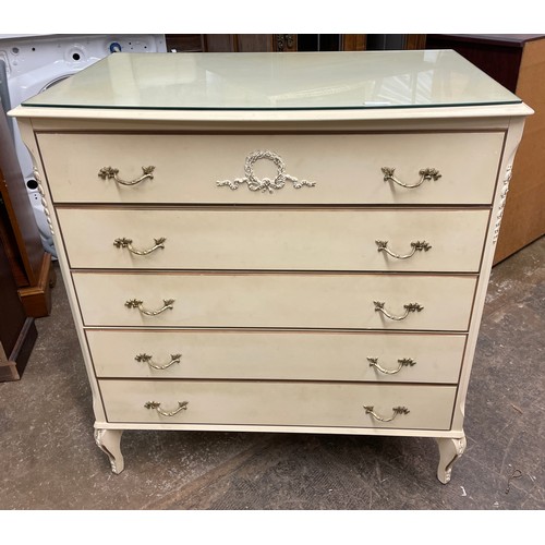 25 - CREAM AND GILDED FIVE DRAWER CHEST AND DRESSING STOOL