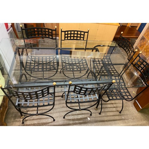 142 - WROUGHT IRON FRAMED GLASS TOPPED DINING TABLE WITH SIX LATTICE WORK CHAIRS