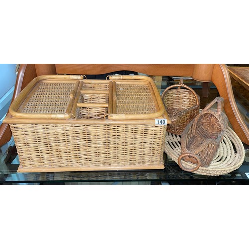 140 - CANE AND WICKER WORK BOTTLE COASTERS AND PICNIC BASKET