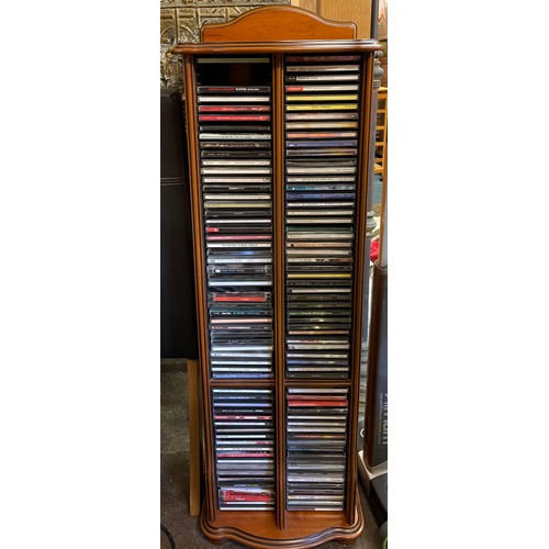 102 - CHERRY WOOD CD STORAGE TOWER WITH CDS