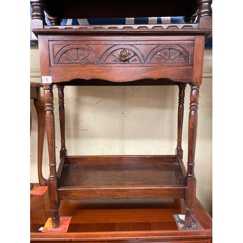 1 - OAK SIDE TABLE WITH CARVED FREIZE DRAWER