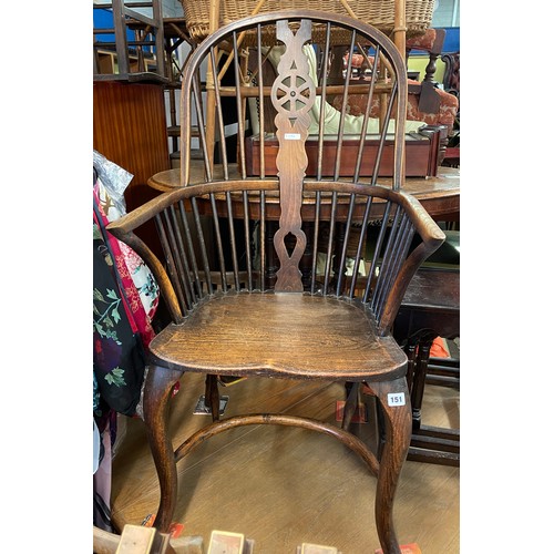 151 - 19TH CENTURY ELM WHEEL BACK WINDSOR ARMCHAIR WITH CRINOLINE STRETCHER