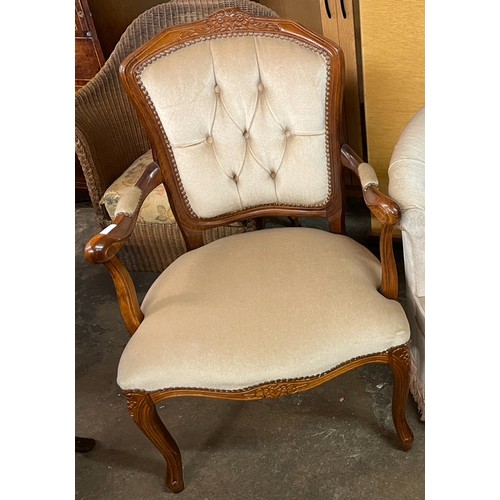 65 - REPRODUCTION FRENCH STYLE UPHOLSTERED ELBOW CHAIR