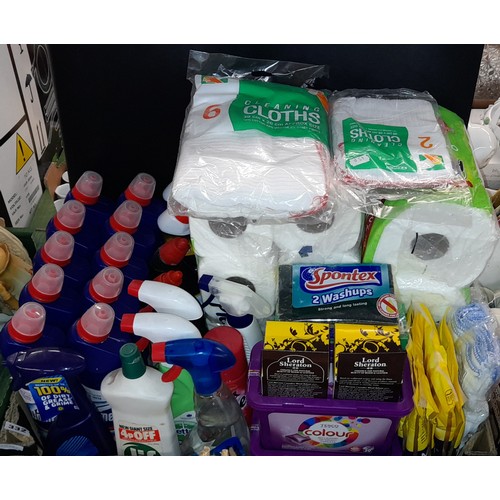 CARTON AS NEW BOTTLES OF BLEACH, SCOURING PADS, DISH CLOTHS AND MORE