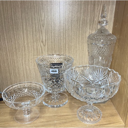 466 - WATERFORD CRYSTAL PRISM CUT TAPERED VASE AND SMALL COMPORT, CUT GLASS BOWL AND A TAPERED VASE AND CO... 