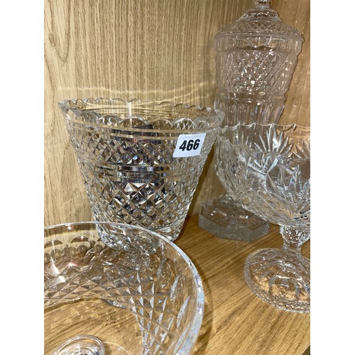 466 - WATERFORD CRYSTAL PRISM CUT TAPERED VASE AND SMALL COMPORT, CUT GLASS BOWL AND A TAPERED VASE AND CO... 