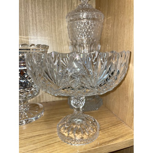 466 - WATERFORD CRYSTAL PRISM CUT TAPERED VASE AND SMALL COMPORT, CUT GLASS BOWL AND A TAPERED VASE AND CO... 