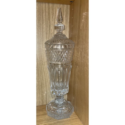 466 - WATERFORD CRYSTAL PRISM CUT TAPERED VASE AND SMALL COMPORT, CUT GLASS BOWL AND A TAPERED VASE AND CO... 