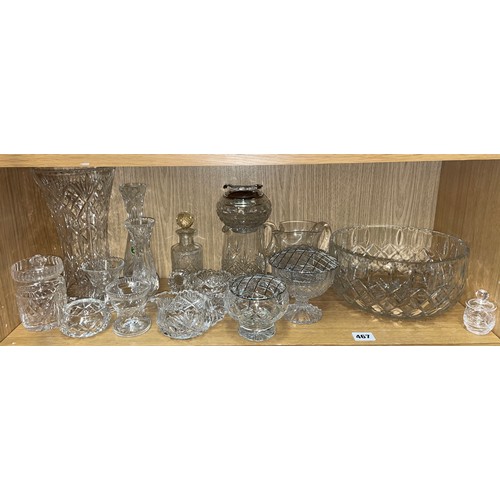 467 - SHELF OF CUT AND PRESSED GLASSWARE INCLUDING ROSE BOWL, BRIERLEY BOWL, JUGS AND VASES