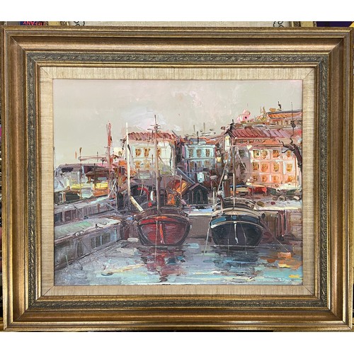 519 - OIL ON CANVAS OF BOATS IN A HARBOUR FRAMED