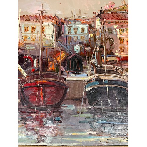 519 - OIL ON CANVAS OF BOATS IN A HARBOUR FRAMED