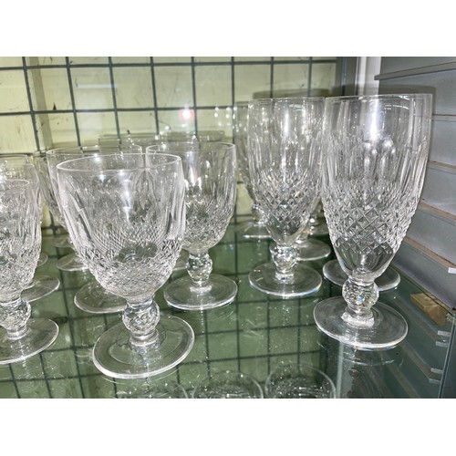 463 - SHELF OF WATERFORD CRYSTAL COLLEEN PATTERN SUITES OF SIX MID AND LARGE TUMBLERS, AND VARIOUS WINES