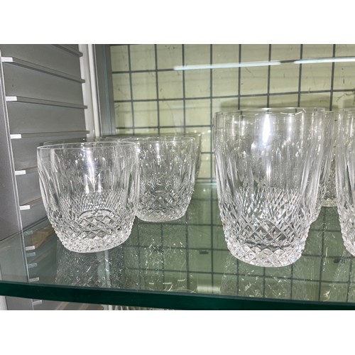 463 - SHELF OF WATERFORD CRYSTAL COLLEEN PATTERN SUITES OF SIX MID AND LARGE TUMBLERS, AND VARIOUS WINES