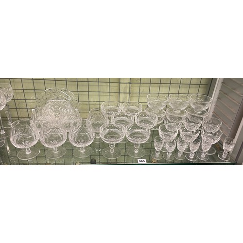 464 - WATERFORD CRYSTAL COLLEEN PATTERN CHAMPAGNE GLASSES, SIX BRANDY BALLOONS, AND OTHER GLASSES