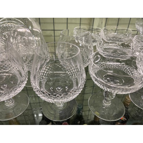 464 - WATERFORD CRYSTAL COLLEEN PATTERN CHAMPAGNE GLASSES, SIX BRANDY BALLOONS, AND OTHER GLASSES