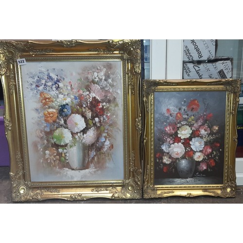 522 - OILS ON BOARD STILL LIFE VASE OF MIXED FLOWERS IN GILT SWEPT FRAME AND ONE OTHER