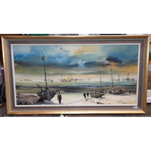 523 - OILS ON CANVAS OF FISHERMAN AND BOATS ON A BEACH