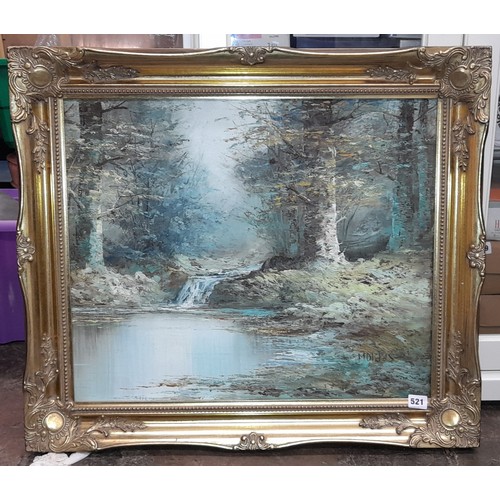 521 - OIL ON BOARD WATER FALL IN AN AUTUMN LANDSCAPE IN GILT SWEPT FRAME