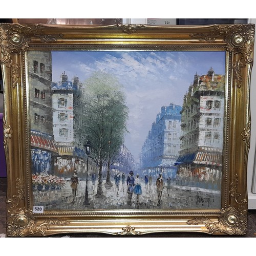 520 - 20TH CENTURY OIL ON BOARD PARISIENNE STREET SCENE IN GILT SWEPT FRAME